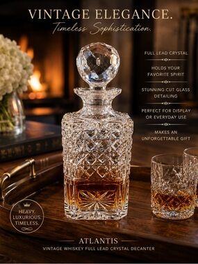 Vintage Full Lead Crystal Whiskey Decanter Cut Glass Barware Atlantis Decanter